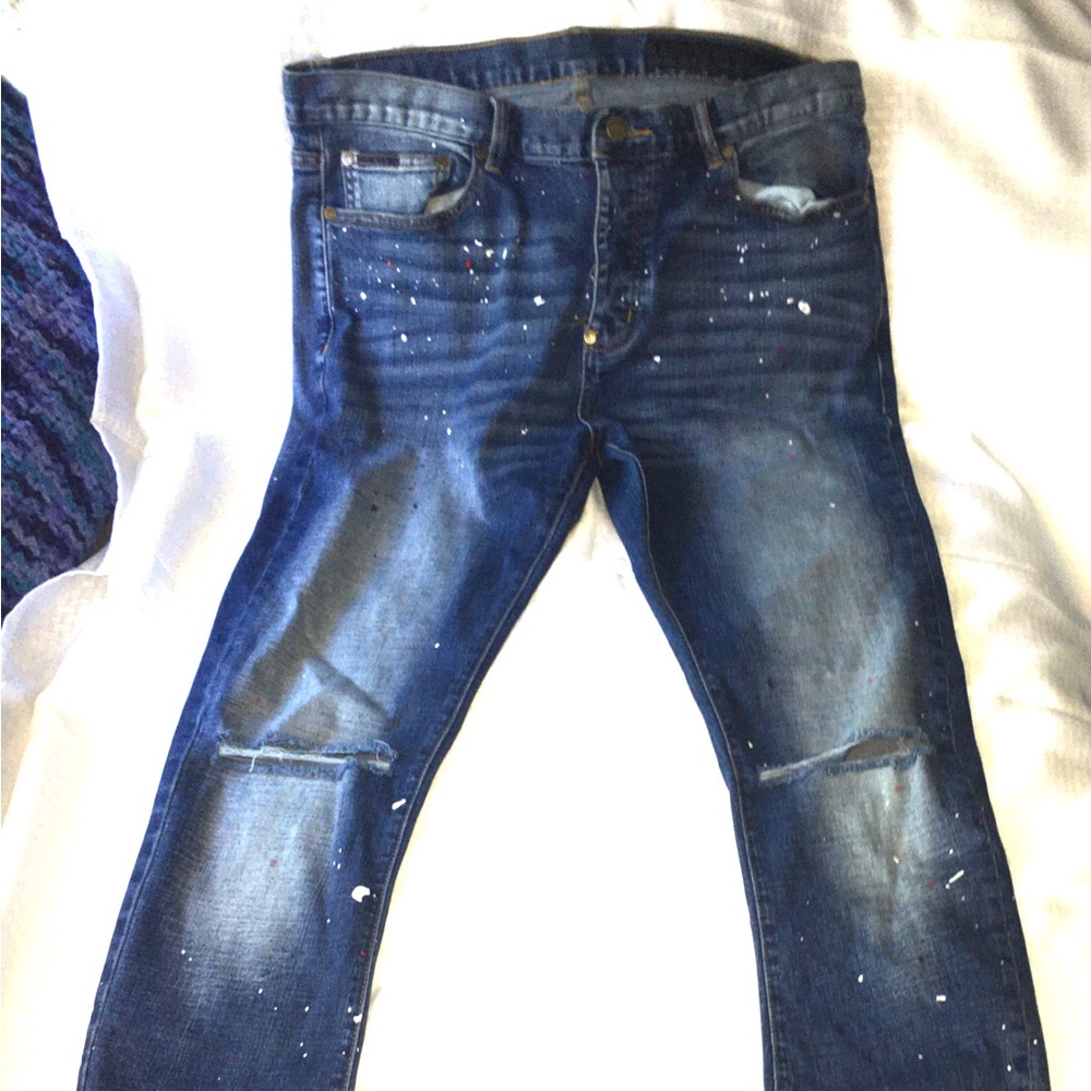 Rockstar Mens Jeans 38/32 Distressed Ripped Paint Splatter Ultra Slim Button Fly